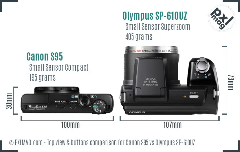 Canon S95 vs Olympus SP-610UZ top view buttons comparison