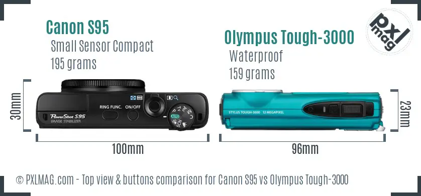 Canon S95 vs Olympus Tough-3000 top view buttons comparison Canon S95 vs Olympus Tough-3000 top view buttons comparison