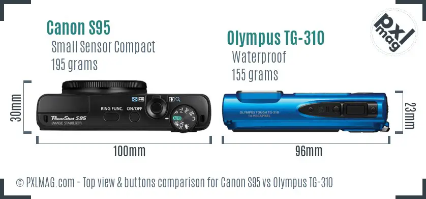Canon S95 vs Olympus TG-310 top view buttons comparison