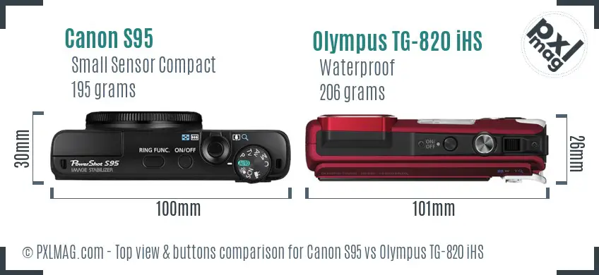 Canon S95 vs Olympus TG-820 iHS top view buttons comparison Canon S95 vs Olympus TG-820 iHS top view buttons comparison
