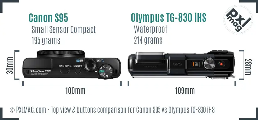 Canon S95 vs Olympus TG-830 iHS top view buttons comparison Canon S95 vs Olympus TG-830 iHS top view buttons comparison