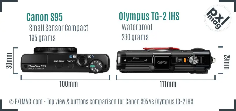 Canon S95 vs Olympus TG-2 iHS top view buttons comparison Canon S95 vs Olympus TG-2 iHS top view buttons comparison