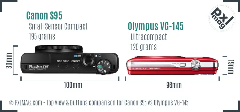 Canon S95 vs Olympus VG-145 top view buttons comparison Canon S95 vs Olympus VG-145 top view buttons comparison