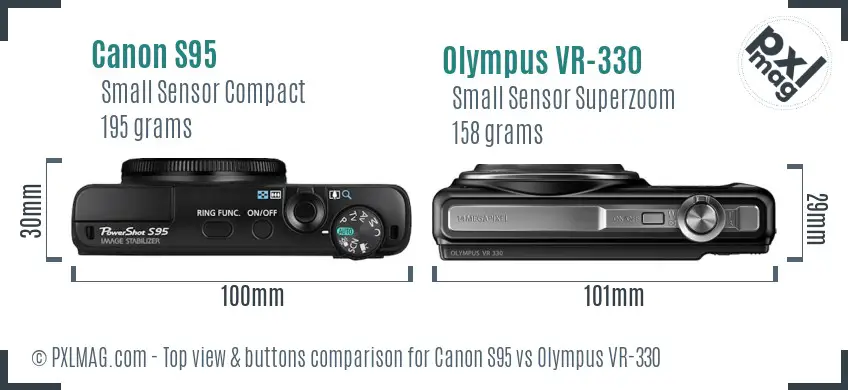 Canon S95 vs Olympus VR-330 top view buttons comparison Canon S95 vs Olympus VR-330 top view buttons comparison