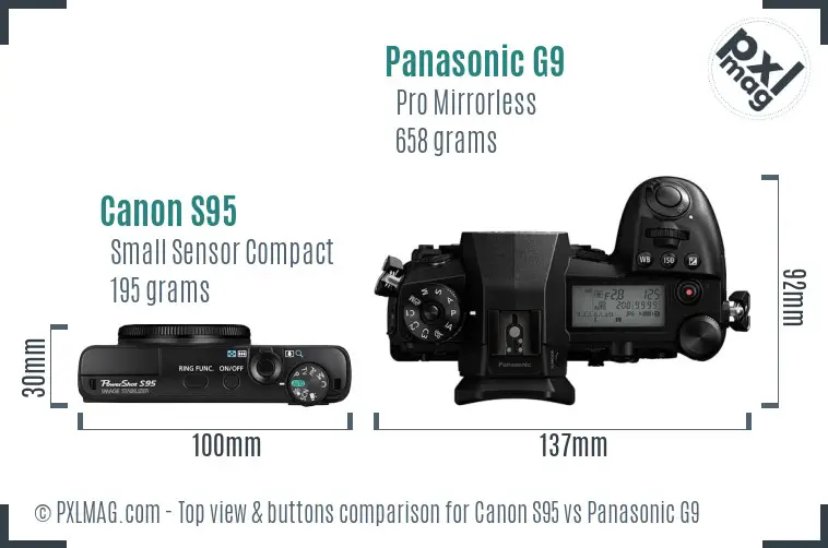 Canon S95 vs Panasonic G9 top view buttons comparison Canon S95 vs Panasonic G9 top view buttons comparison