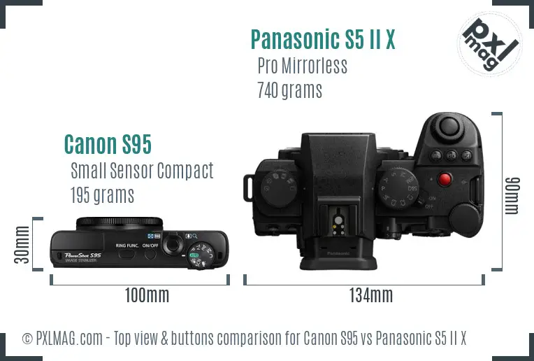 Canon S95 vs Panasonic S5 II X top view buttons comparison Canon S95 vs Panasonic S5 II X top view buttons comparison
