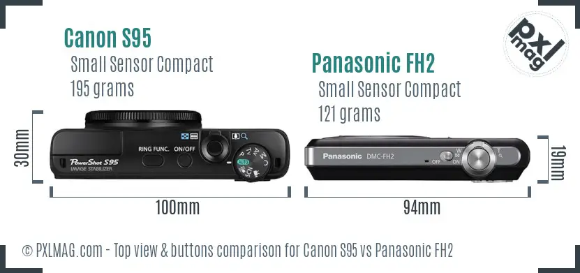 Canon S95 vs Panasonic FH2 top view buttons comparison Canon S95 vs Panasonic FH2 top view buttons comparison