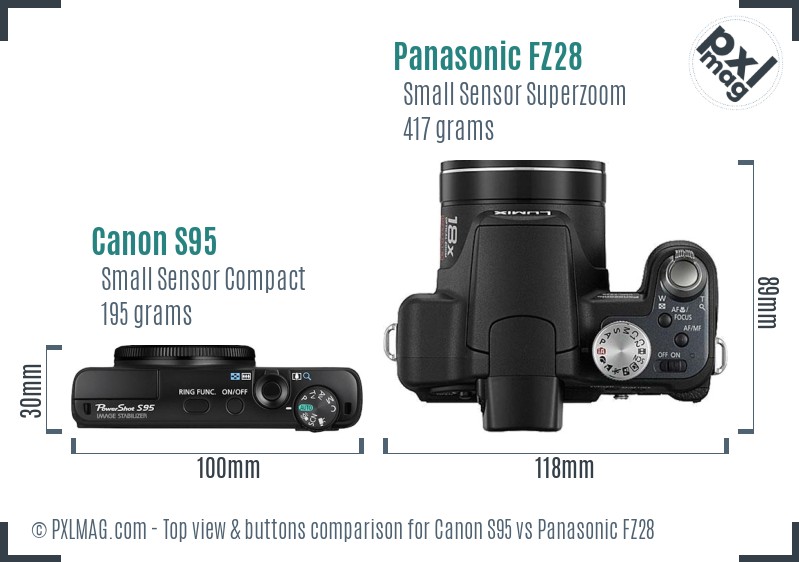 Canon S95 vs Panasonic FZ28 top view buttons comparison