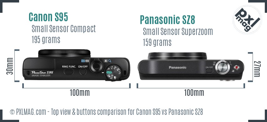 Canon S95 vs Panasonic SZ8 top view buttons comparison