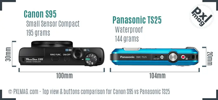 Canon S95 vs Panasonic TS25 top view buttons comparison