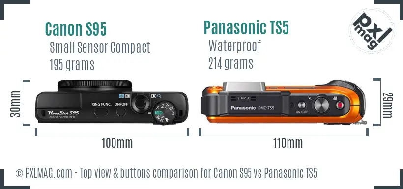 Canon S95 vs Panasonic TS5 top view buttons comparison Canon S95 vs Panasonic TS5 top view buttons comparison