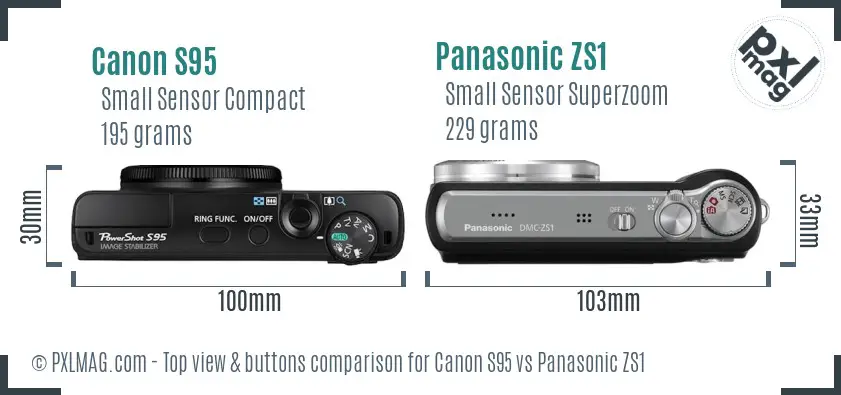 Canon S95 vs Panasonic ZS1 top view buttons comparison