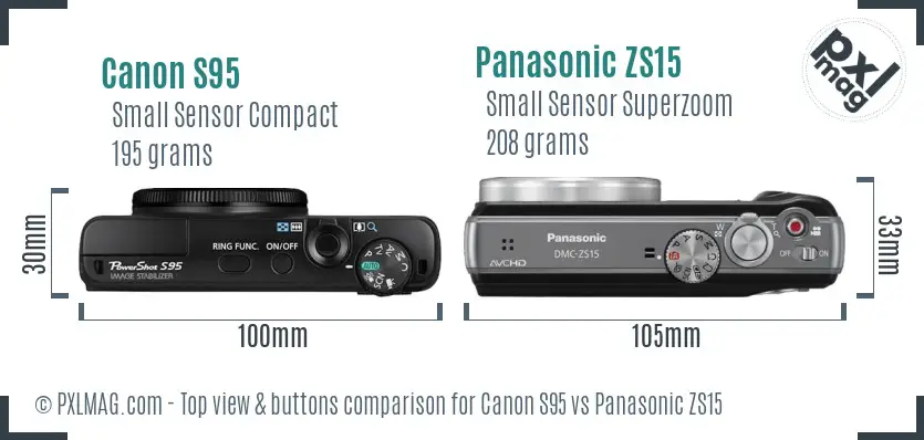 Canon S95 vs Panasonic ZS15 top view buttons comparison Canon S95 vs Panasonic ZS15 top view buttons comparison