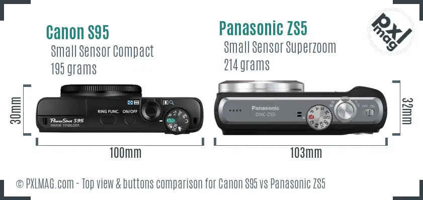 Canon S95 vs Panasonic ZS5 top view buttons comparison Canon S95 vs Panasonic ZS5 top view buttons comparison