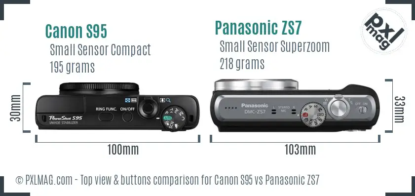 Canon S95 vs Panasonic ZS7 top view buttons comparison Canon S95 vs Panasonic ZS7 top view buttons comparison