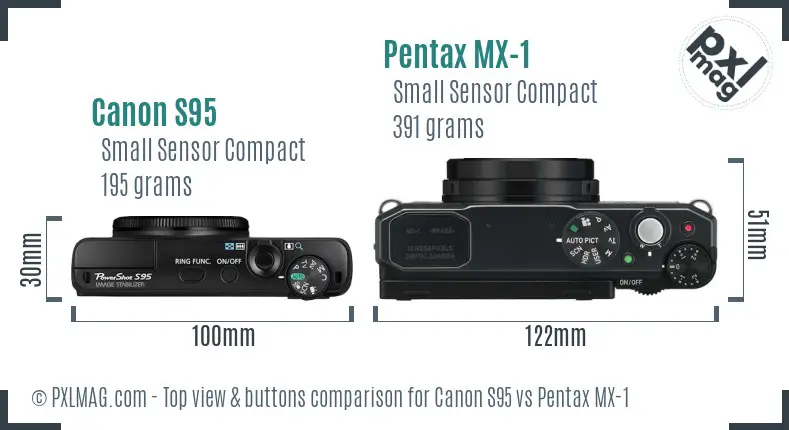 Canon S95 vs Pentax MX-1 top view buttons comparison