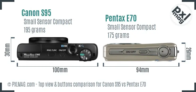 Canon S95 vs Pentax E70 top view buttons comparison