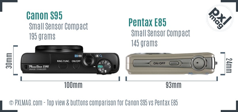 Canon S95 vs Pentax E85 top view buttons comparison