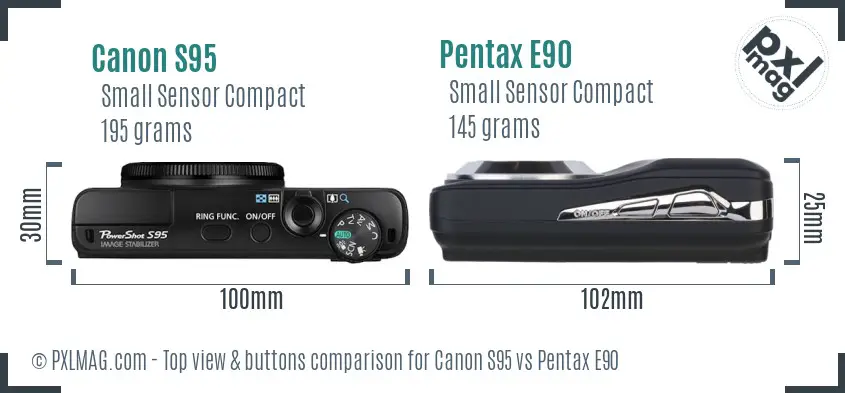 Canon S95 vs Pentax E90 top view buttons comparison Canon S95 vs Pentax E90 top view buttons comparison