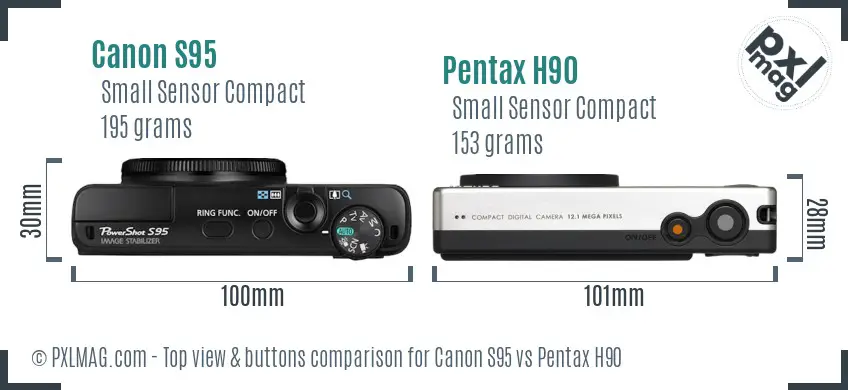 Canon S95 vs Pentax H90 top view buttons comparison