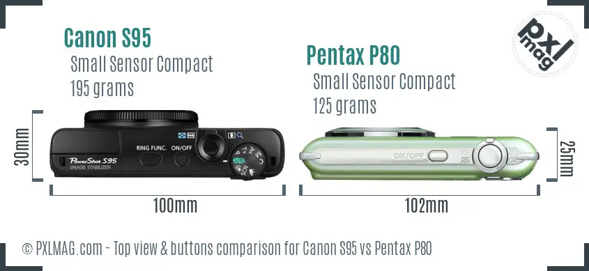 Canon S95 vs Pentax P80 top view buttons comparison