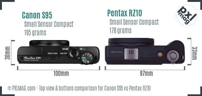 Canon S95 vs Pentax RZ10 top view buttons comparison