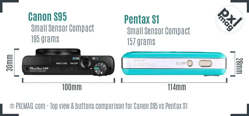 Canon S95 vs Pentax S1 top view buttons comparison