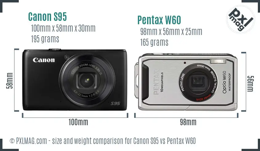 Canon S95 vs Pentax W60 size comparison