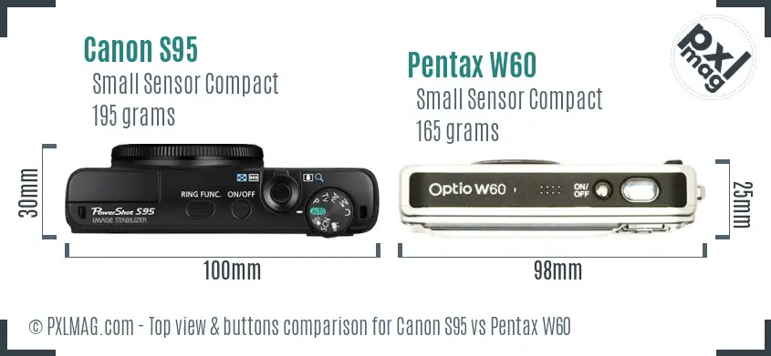 Canon S95 vs Pentax W60 top view buttons comparison