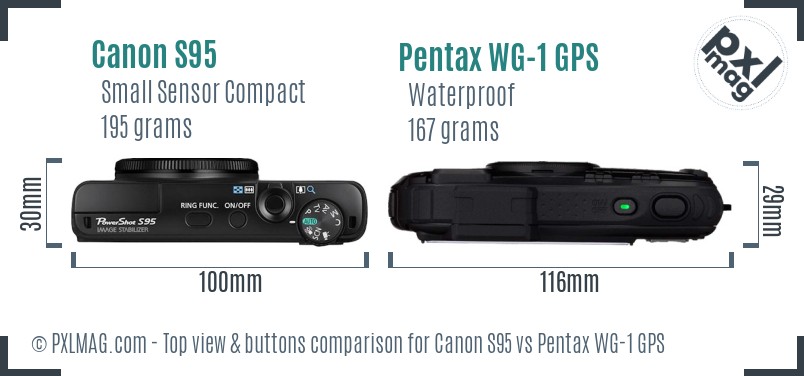 Canon S95 vs Pentax WG-1 GPS top view buttons comparison