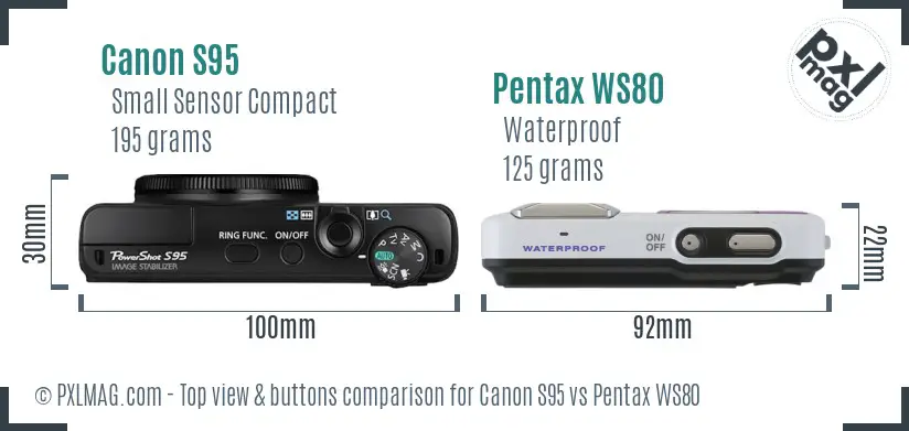 Canon S95 vs Pentax WS80 top view buttons comparison
