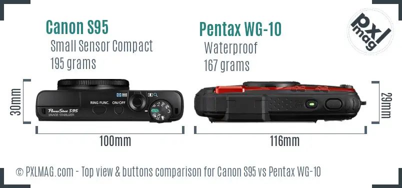 Canon S95 vs Pentax WG-10 top view buttons comparison