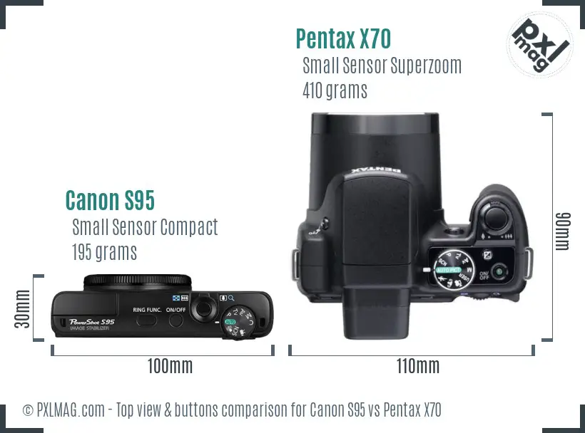 Canon S95 vs Pentax X70 top view buttons comparison