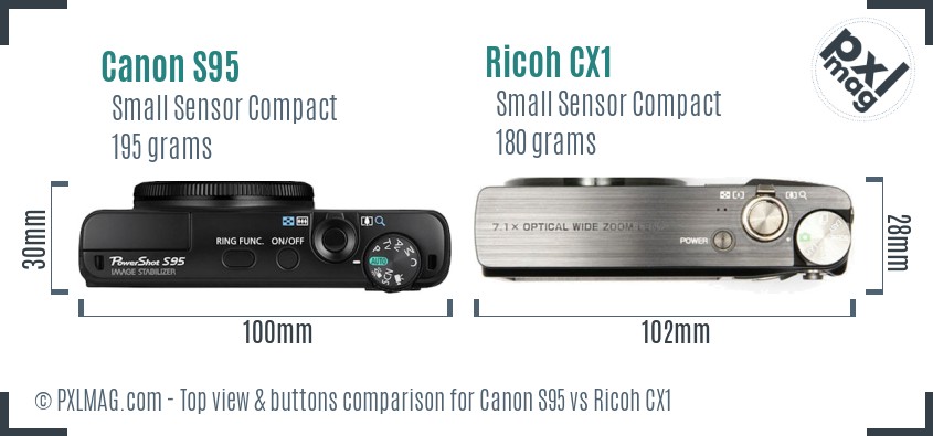 Canon S95 vs Ricoh CX1 top view buttons comparison