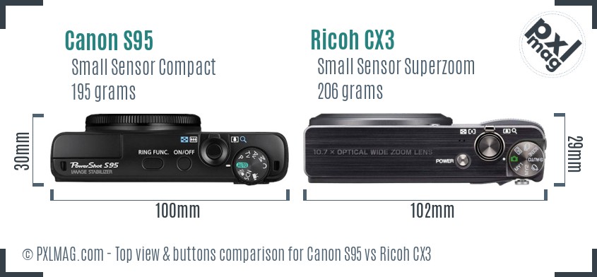 Canon S95 vs Ricoh CX3 top view buttons comparison