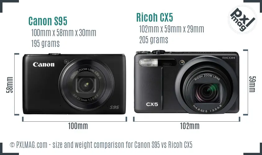 Canon S95 vs Ricoh CX5 size comparison Canon S95 vs Ricoh CX5 size comparison