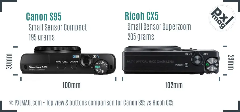 Canon S95 vs Ricoh CX5 top view buttons comparison Canon S95 vs Ricoh CX5 top view buttons comparison