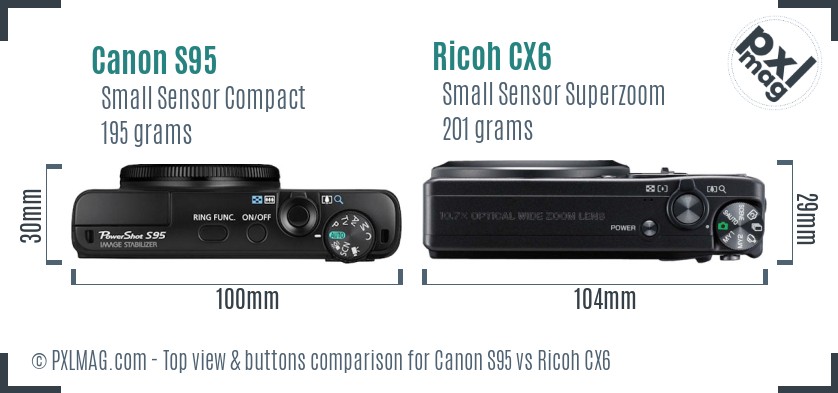 Canon S95 vs Ricoh CX6 top view buttons comparison