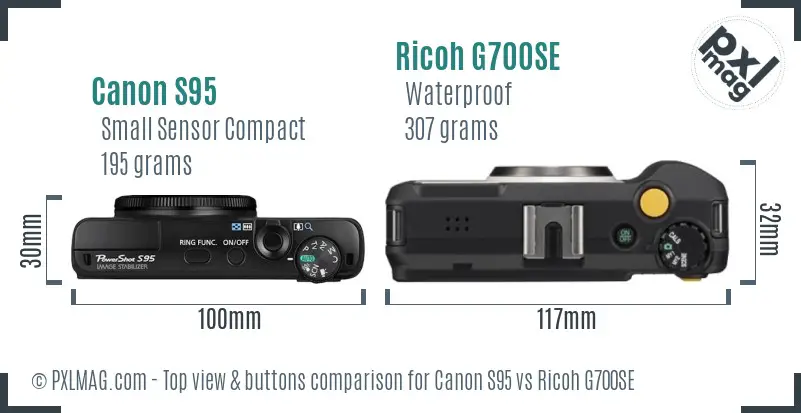 Canon S95 vs Ricoh G700SE top view buttons comparison Canon S95 vs Ricoh G700SE top view buttons comparison