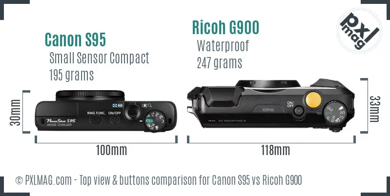 Canon S95 vs Ricoh G900 top view buttons comparison Canon S95 vs Ricoh G900 top view buttons comparison