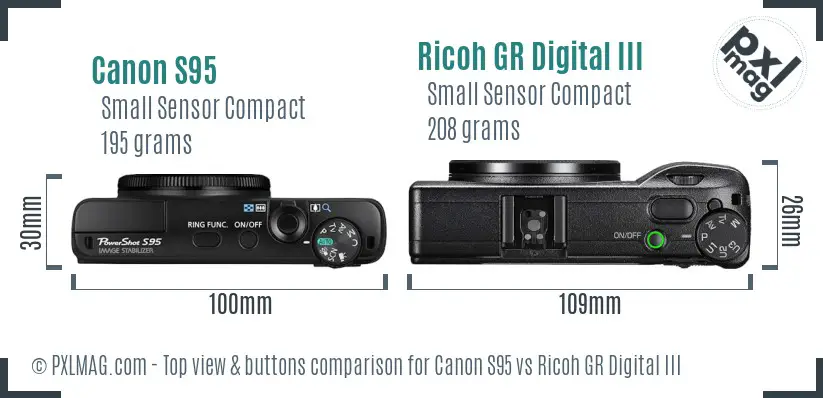 Canon S95 vs Ricoh GR Digital III top view buttons comparison Canon S95 vs Ricoh GR Digital III top view buttons comparison