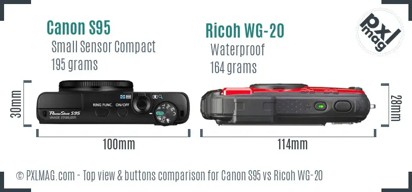 Canon S95 vs Ricoh WG-20 top view design and control layout