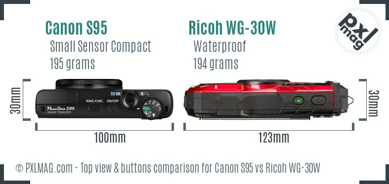 Canon S95 vs Ricoh WG-30W top view buttons comparison