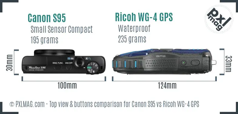 Canon S95 vs Ricoh WG-4 GPS top view buttons comparison