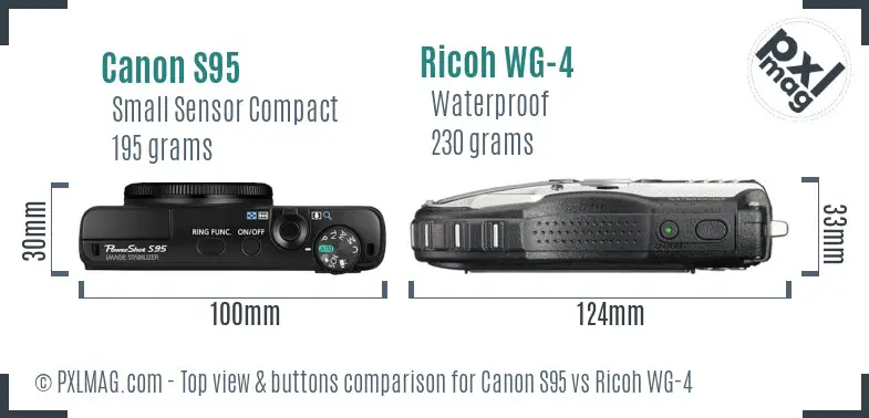 Canon S95 vs Ricoh WG-4 top view buttons comparison