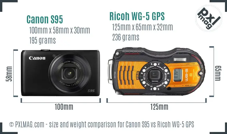 Canon S95 vs Ricoh WG-5 GPS size comparison