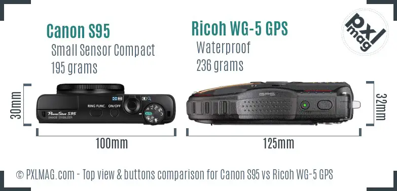 Canon S95 vs Ricoh WG-5 GPS top view buttons comparison