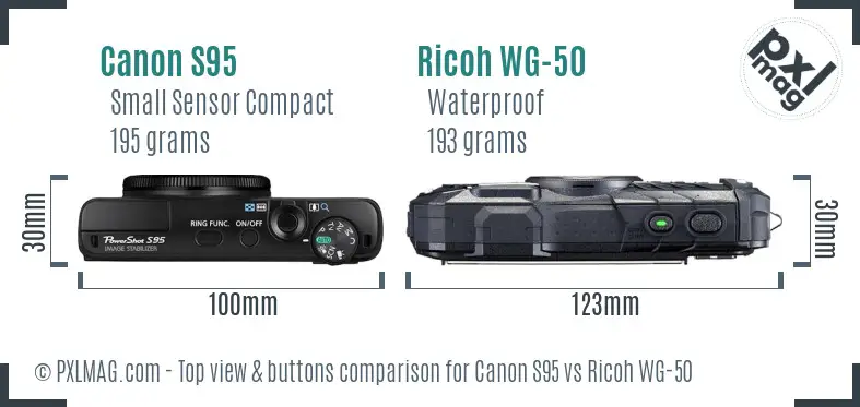 Canon S95 vs Ricoh WG-50 top view buttons comparison