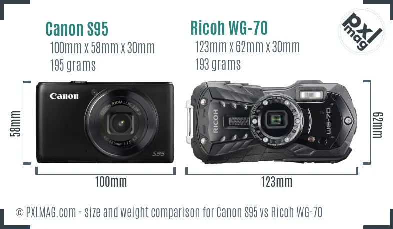 Canon S95 vs Ricoh WG-70 size comparison