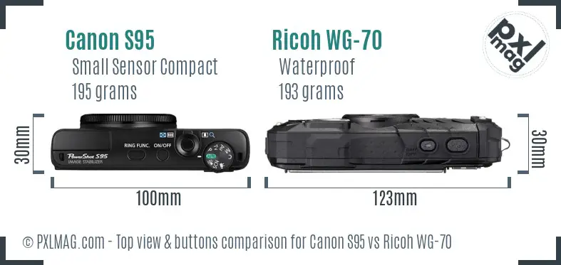 Canon S95 vs Ricoh WG-70 top view buttons comparison